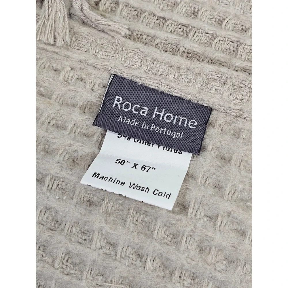 Roca Home Waffle Weave Throw Blanket Beige 50x67 Cotton Blend Fringe Portugal